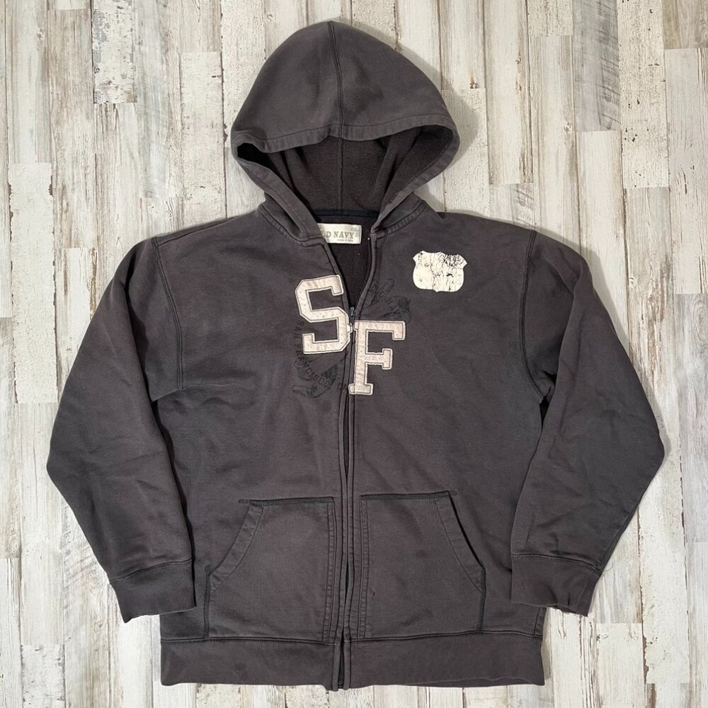 Vintage Y2K Old Navy San Francisco Gray Faded Thrashed Zip Hoodie Womens‎ Large